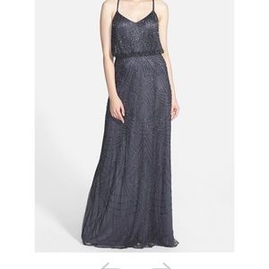 Adrianna Papell art deco beaded blouson gown in gunmetal, size 8